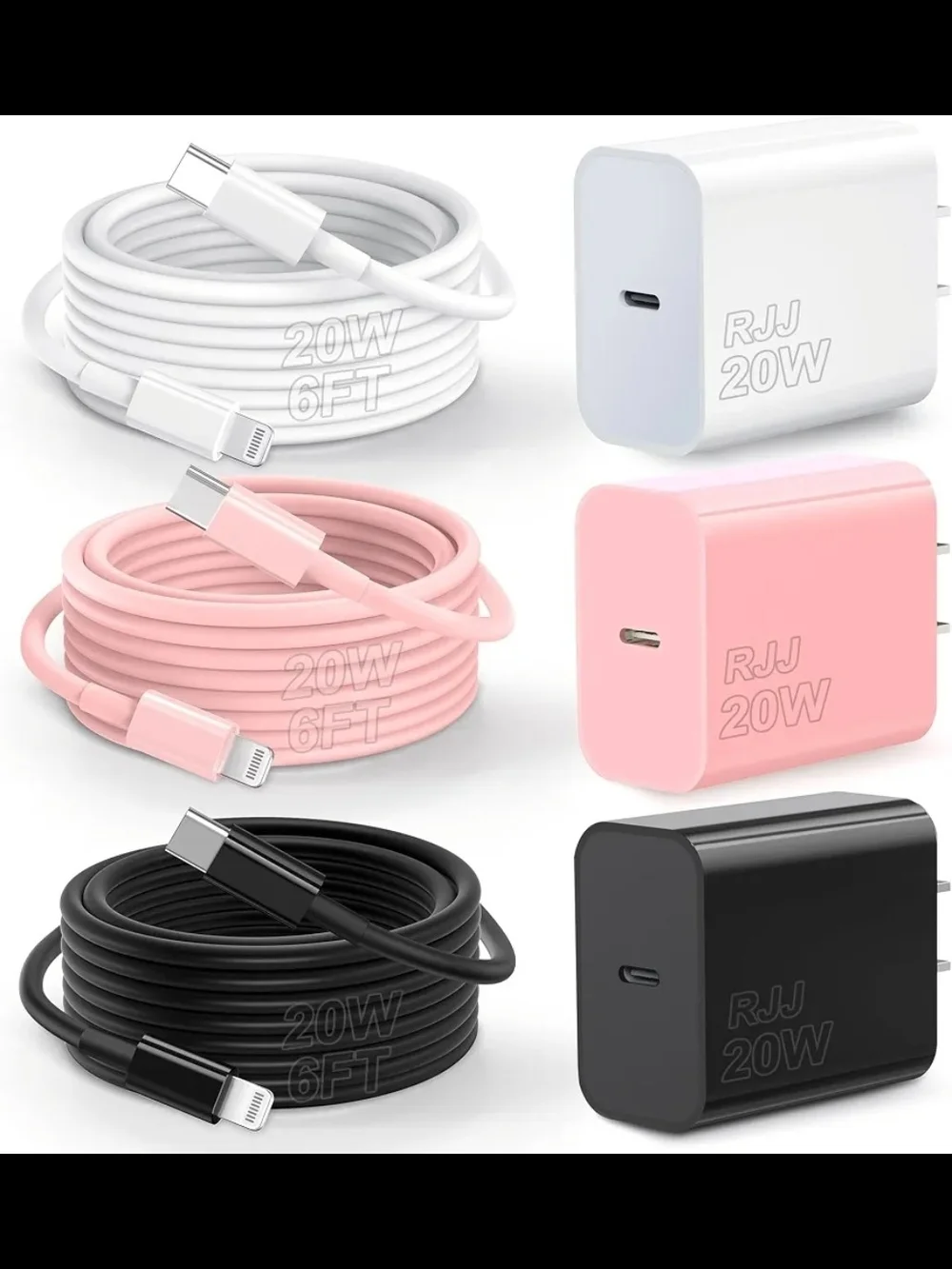 3pk 6ft iPhone Fast Charger 20W USB-C Wall Charger Block [MFi Certified]